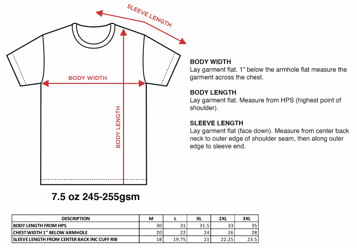 A diagram of the CaliforniaScumbags Badge Of Honor - Black Heavyweight Tee with labeled measurements for body width, body length, and sleeve length. Descriptions and instructions for measuring each dimension are provided. A size chart below lists dimensions for sizes S to 3XL in inches. The T-shirt weight is 7.5 oz, 245-255gsm.