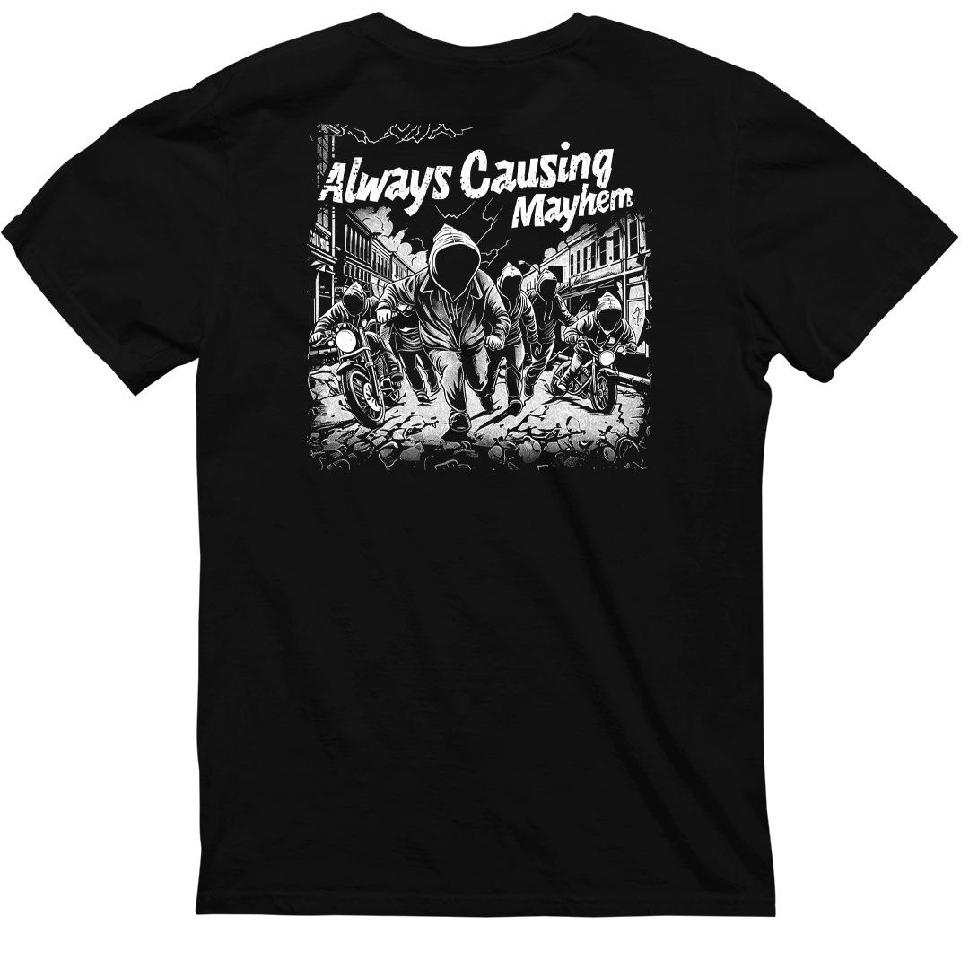 The Always Causing Mayhem - Black Heavyweight Tee by CaliforniaScumbags features an illustration of a hooded figure walking towards the viewer, flanked by motorcycles in a chaotic cityscape. The text "Always Causing Mayhem" is boldly displayed above. Perfect for those who embrace effortless style and embody the spirit of California Scumbags.