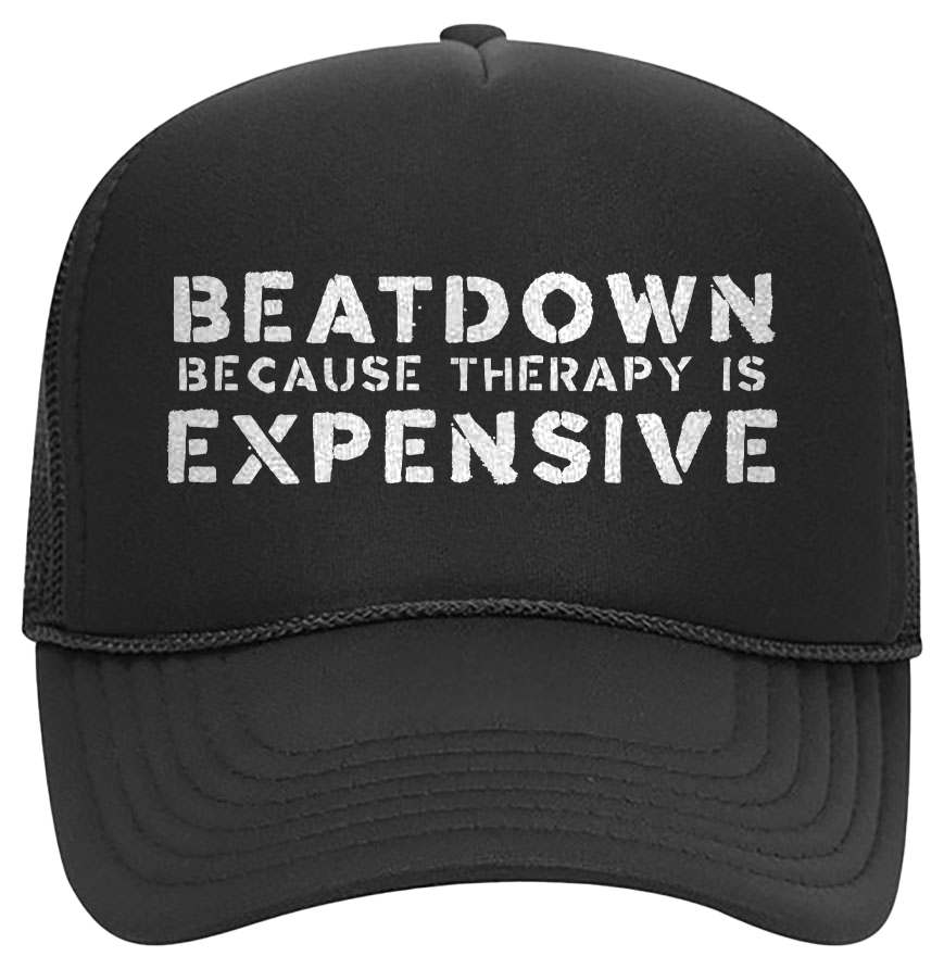 Black Foam Trucker Hat - Beatdown Because Therapy Is Expensive