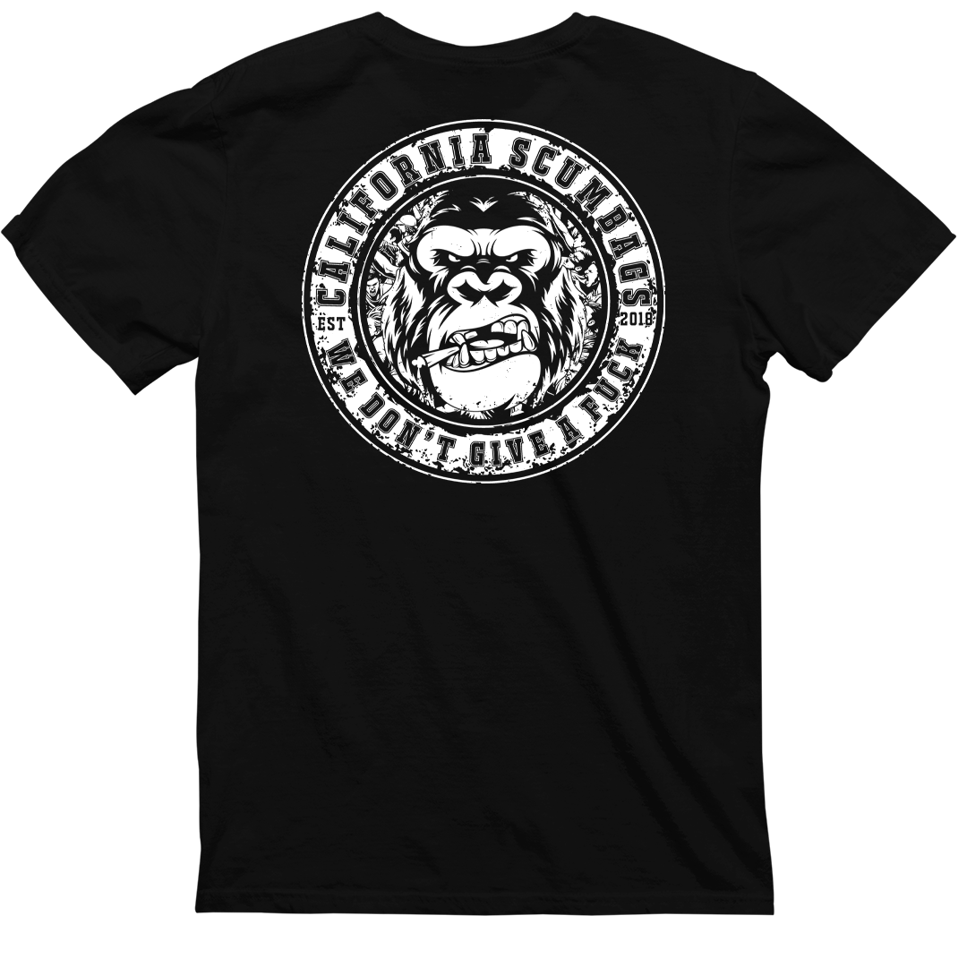 Introducing the CaliforniaScumbags Badge Of Honor - Black Heavyweight Tee, featuring a new logo on the back. The design depicts a grinning ape's face in the center, surrounded by the text "California Scumbags" and "We Don't Give a F*" along the border, with "EST 2016" at each side. Perfect for hardcore music fans.