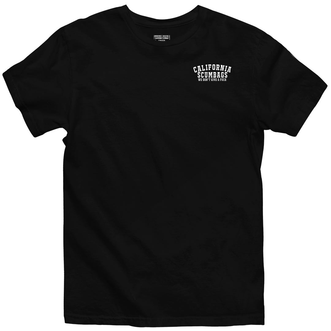 The CaliforniaScumbags Always Causing Mayhem - Black Heavyweight Tee features the text "California Scumbags Worst Than Ever" printed in white on the upper left chest area. The font is bold and capitalized, creating a stark contrast against the black fabric, making it an effortless style statement.