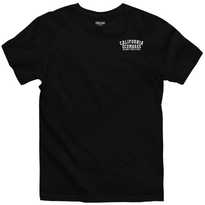 The CaliforniaScumbags Always Causing Mayhem - Black Heavyweight Tee features the text "California Scumbags Worst Than Ever" printed in white on the upper left chest area. The font is bold and capitalized, creating a stark contrast against the black fabric, making it an effortless style statement.