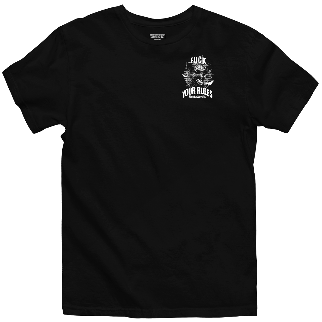 A black T-shirt from CaliforniaScumbags displaying a small white graphic on the front. The intricate design boldly features the text "Fk Your Rules," making a statement that we live how we want, by any means necessary. The design stands out against the solid black fabric of the Fuck Your Rules shirt.