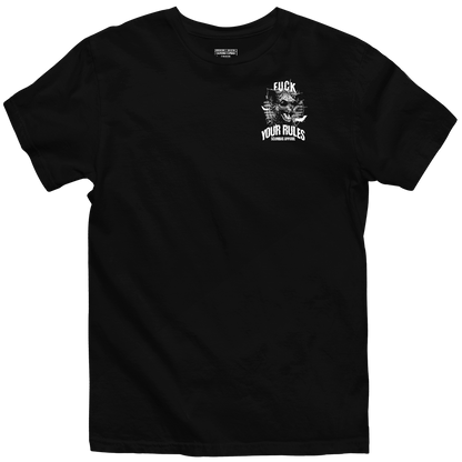 A black T-shirt from CaliforniaScumbags displaying a small white graphic on the front. The intricate design boldly features the text "Fk Your Rules," making a statement that we live how we want, by any means necessary. The design stands out against the solid black fabric of the Fuck Your Rules shirt.