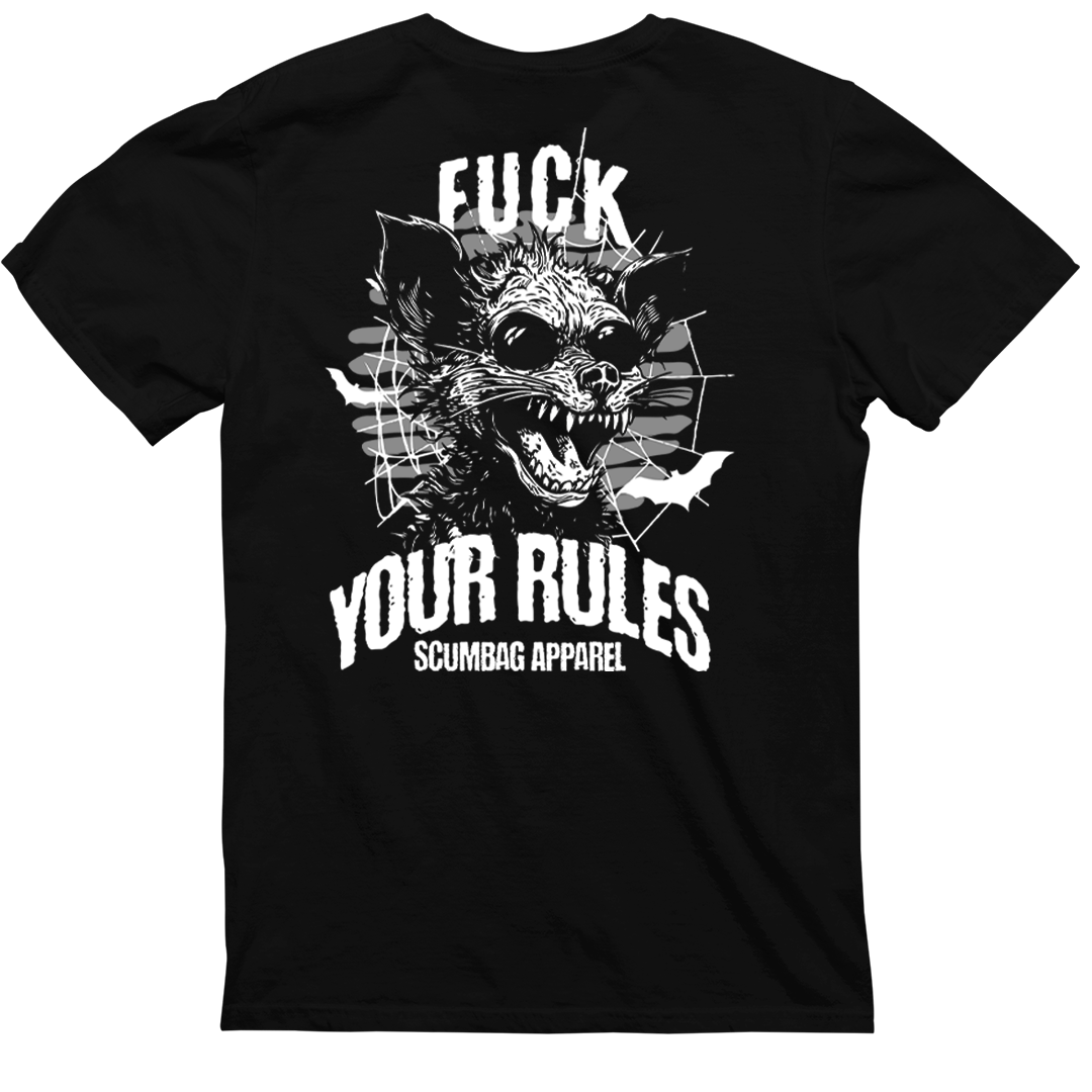 The image showcases a black T-shirt with a graphic design on the back. The design features an aggressive-looking, monstrous creature with sharp teeth, surrounded by bats and spikes. White text above and below reads "Fuck Your Rules" and "CaliforniaScumbags," emphasizing that we live how we want.