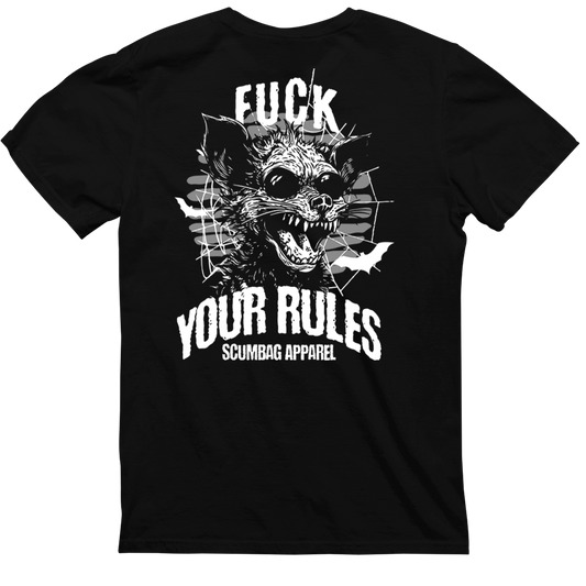 The image showcases a black T-shirt with a graphic design on the back. The design features an aggressive-looking, monstrous creature with sharp teeth, surrounded by bats and spikes. White text above and below reads "Fuck Your Rules" and "CaliforniaScumbags," emphasizing that we live how we want.