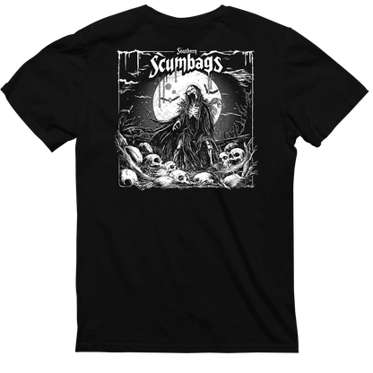 Black heavyweight T-shirt featuring a detailed illustration on the back of a robed, skeletal Soul Eater holding a scythe, standing amidst skulls and bones. In the background is a large, eerie moon. The top text reads "Southern Scumbags" in gothic font. This is the Southern Scumbags - Soul Eaters - Black Heavyweight Tee from CaliforniaScumbags.
