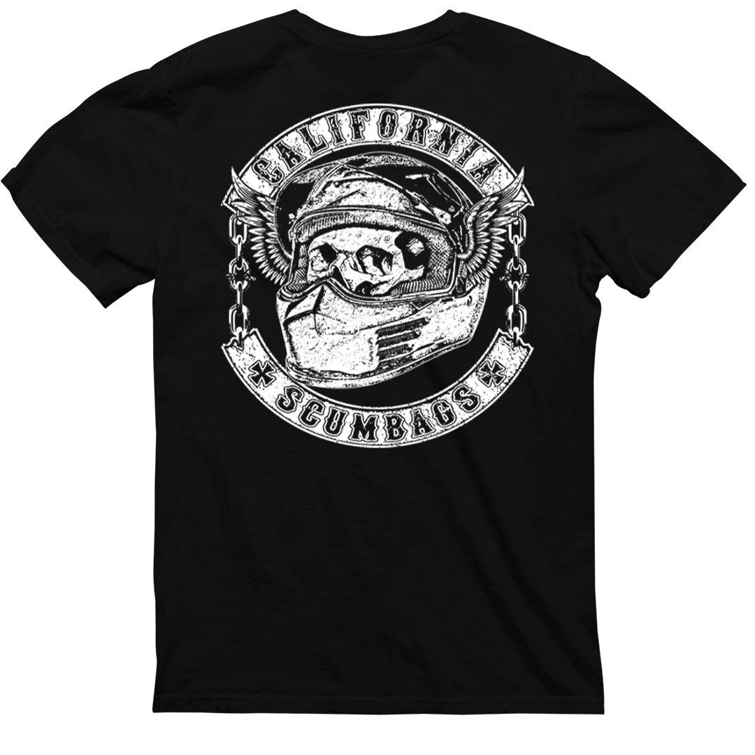 A black T-shirt featuring an iconic design with a detailed white graphic on the back. The graphic depicts a skull wearing a helmet with wing-like details, perfect for standing out at a hardcore show. The text above the skull reads "CALIFORNIA" and below it reads "SCUMBAGS," both in bold, stylized font. This is the Simpson Gang from CaliforniaScumbags.