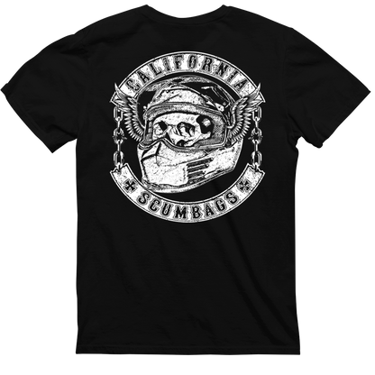 A black T-shirt featuring an iconic design with a detailed white graphic on the back. The graphic depicts a skull wearing a helmet with wing-like details, perfect for standing out at a hardcore show. The text above the skull reads "CALIFORNIA" and below it reads "SCUMBAGS," both in bold, stylized font. This is the Simpson Gang from CaliforniaScumbags.